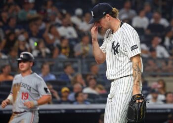 Cam Schlittler, who held Minnesota to one run, walks off the mound after getting out of the fifth inning, his final frame in the Yankees' 4-1 loss to the Twins on Aug. 13, 2025.