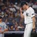 Cam Schlittler, who held Minnesota to one run, walks off the mound after getting out of the fifth inning, his final frame in the Yankees' 4-1 loss to the Twins on Aug. 13, 2025.