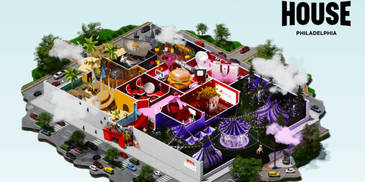 An illustrated view from the top down of the Netflix House Philadelphia showing a variety of themes in different rooms.