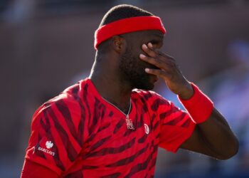 Frances Tiafoe, of the United States, reacts after a rally against Jan-Lennard Struff, of Germany, during the third round of the U.S. Open tennis championships, Friday, Aug. 29, 2025, in New York.