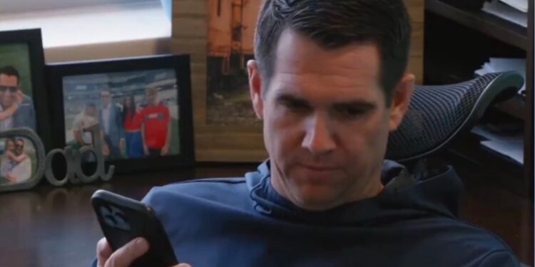 Giants general manager Joe Schoen talks on the photo during Episode 2 of "Hard Knocks."