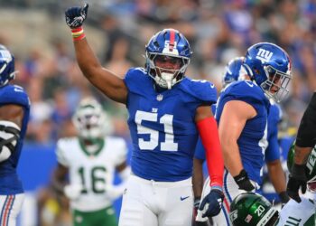 Giants rookie Abdul Carter (51) reacts during a preseason game against the Jets on Aug. 16, 2025.