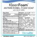 KleenFoam Antimicrobial Foam Soap label with ingredients and usage instructions.