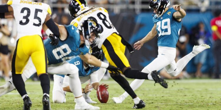 Cam Little (39) kicks a 70-yard field goal during the first half of the Jaguars' 31-25 preseason loss to the Steelers on Aug. 9, 2025 It would be a record if it happened in the regular season.
