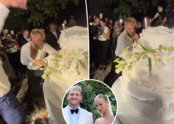 Jake Paul smashes his brother Logan Paul's lavish wedding cake in bizarre clip
