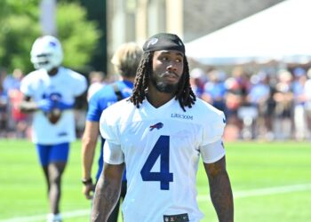 Buffalo Bills running back James Cook (4) on the field during training camp at St. John Fisher University.
