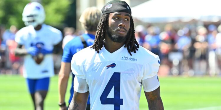 Buffalo Bills running back James Cook (4) on the field during training camp at St. John Fisher University.
