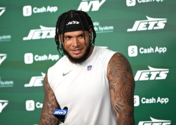 Jets linebacker Jermaine Johnson talks to the media at minicamp in Florham Park, NJ.