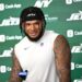 Jets linebacker Jermaine Johnson talks to the media at minicamp in Florham Park, NJ.