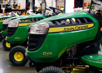 John Deere lawn tractors on display.