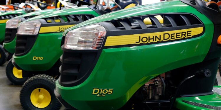 John Deere lawn tractors on display.
