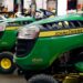 John Deere lawn tractors on display.