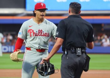 Philadelphia Phillies pitcher Jesús Luzardo (44) argues with the umpire during the first inning when the New York Mets played the Philadelphia Phillies Tuesday, August 26, 2025 at Citi Field in Queens, NY.