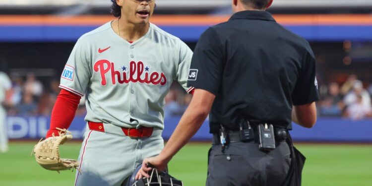 Philadelphia Phillies pitcher Jesús Luzardo (44) argues with the umpire during the first inning when the New York Mets played the Philadelphia Phillies Tuesday, August 26, 2025 at Citi Field in Queens, NY.