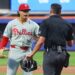 Philadelphia Phillies pitcher Jesús Luzardo (44) argues with the umpire during the first inning when the New York Mets played the Philadelphia Phillies Tuesday, August 26, 2025 at Citi Field in Queens, NY.