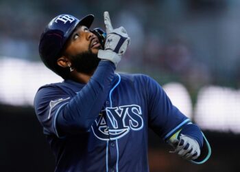 Tampa Bay Rays baseball player looking up.
