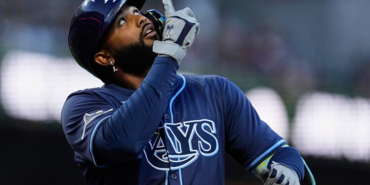 Tampa Bay Rays baseball player looking up.