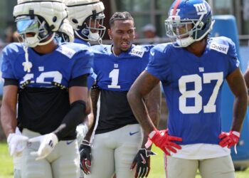 New York Giants players at practice.
