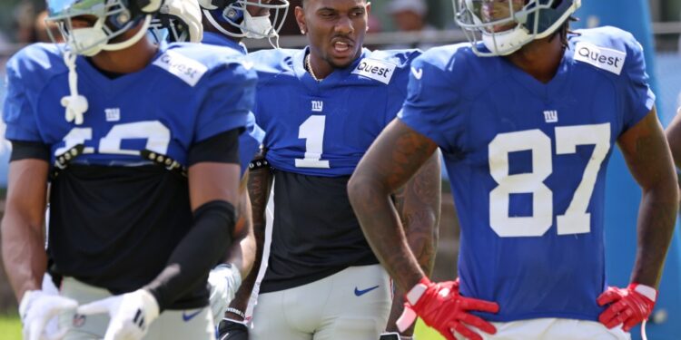 New York Giants players at practice.