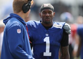 New York Giants wide receiver Malik Nabers (1) on the field during training camp at Quest Diagnostics Training Center.