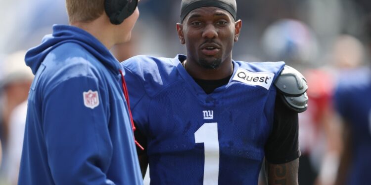 New York Giants wide receiver Malik Nabers (1) on the field during training camp at Quest Diagnostics Training Center.