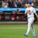 Ryan Helsley, New York Mets pitcher, walks to the dugout.