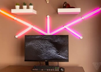Nanoleaf’s Lines on a wall behind a monitor.