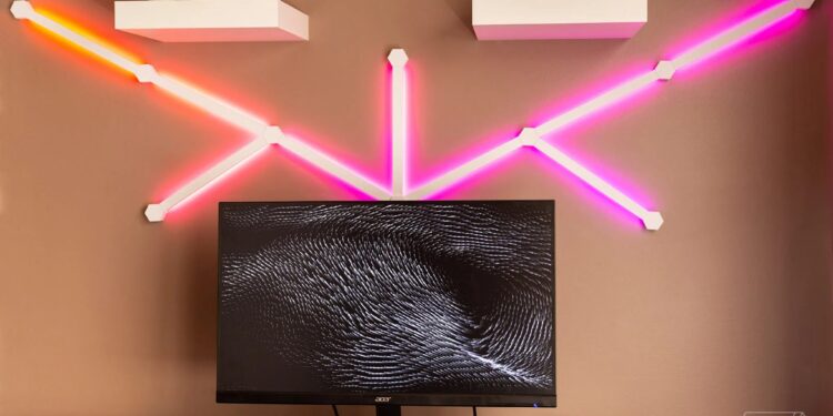 Nanoleaf’s Lines on a wall behind a monitor.