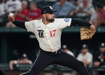 Texas Rangers pitcher throwing a baseball.