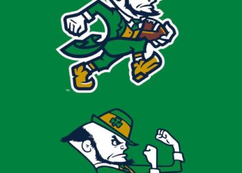 Illustration of the old and new Notre Dame Fighting Irish leprechaun logos.