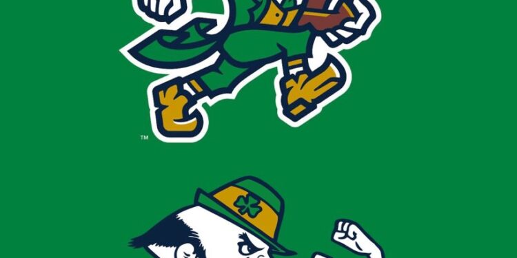 Illustration of the old and new Notre Dame Fighting Irish leprechaun logos.