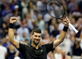 Novak Djokovic of Serbia celebrates after defeating Cameron Norrie of Great Britain during night six of the US Open Tennis Championships at the USTA Billie Jean King National Tennis Center, Friday August 29, 2025 in Queen, New York.