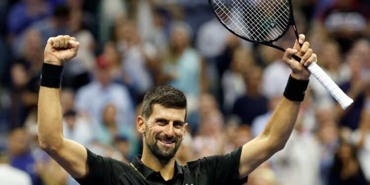 Novak Djokovic of Serbia celebrates after defeating Cameron Norrie of Great Britain during night six of the US Open Tennis Championships at the USTA Billie Jean King National Tennis Center, Friday August 29, 2025 in Queen, New York.