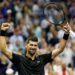 Novak Djokovic of Serbia celebrates after defeating Cameron Norrie of Great Britain during night six of the US Open Tennis Championships at the USTA Billie Jean King National Tennis Center, Friday August 29, 2025 in Queen, New York.