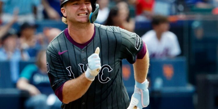 Pete Alonso running the bases after hitting a double.