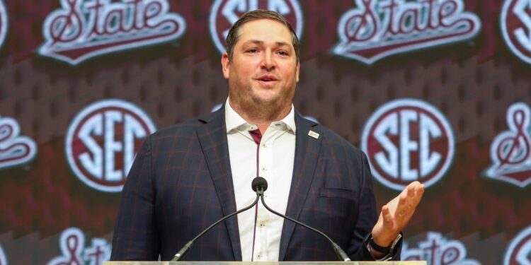 Jeff Lebby, Mississippi State Bulldogs head coach, speaking at the SEC Media Days.