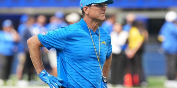 Jim Harbaugh, coach of the Los Angeles Chargers, on the sidelines.