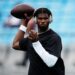 Cleveland Browns quarterback Shedeur Sanders warms up before a preseason NFL football game against the Carolina Panthers on Friday, Aug. 8, 2025, in Charlotte, N.C.