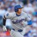 Los Angeles Dodgers baseball player running on the field.