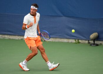 Tennis player Daniel Altmaier celebrating a point at the US Open.