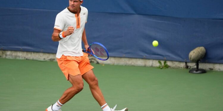 Tennis player Daniel Altmaier celebrating a point at the US Open.