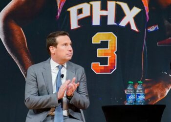 Phoenix Suns owner Mat Ishbia looks on during an NBA basketball news conference, Thursday, Feb. 16, 2023, in Phoenix. (