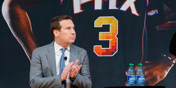 Phoenix Suns owner Mat Ishbia looks on during an NBA basketball news conference, Thursday, Feb. 16, 2023, in Phoenix. (