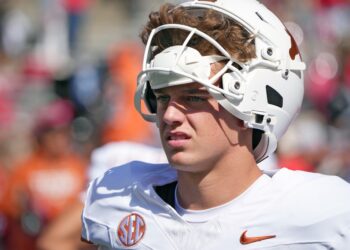 Texas Longhorns quarterback Arch Manning (16) on the field for warm ups before the Ohio State and Texas at Ohio Stadium.