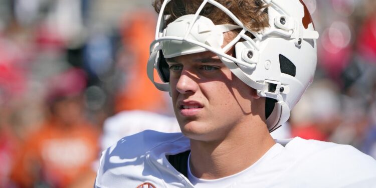 Texas Longhorns quarterback Arch Manning (16) on the field for warm ups before the Ohio State and Texas at Ohio Stadium.