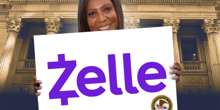 Letitia James holding a sign with the Zelle logo.