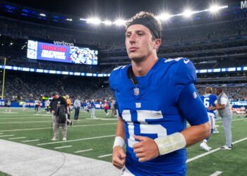 New York Giants quarterback Tommy DeVito (15) leaving the field.