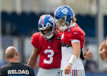 Russell Wilson and Jaxson Dart at New York Giants training camp.
