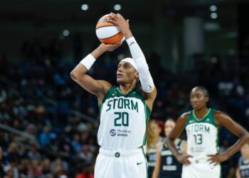 Seattle Storm player shooting a basketball.