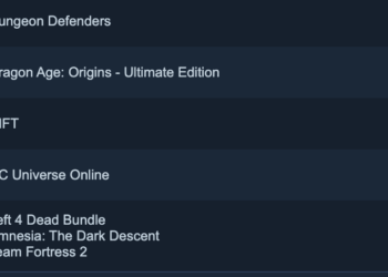 screenshot from Steam highlighting Ash Parrish’s first five Steam purchases featuring a list of games in descending order: Dungeon Defenders, Dragon Age: Origins, Rift, DC Universe Online, Left 4 Dead bundle, Amnesia: The Dark Descent, Team Fortress 2